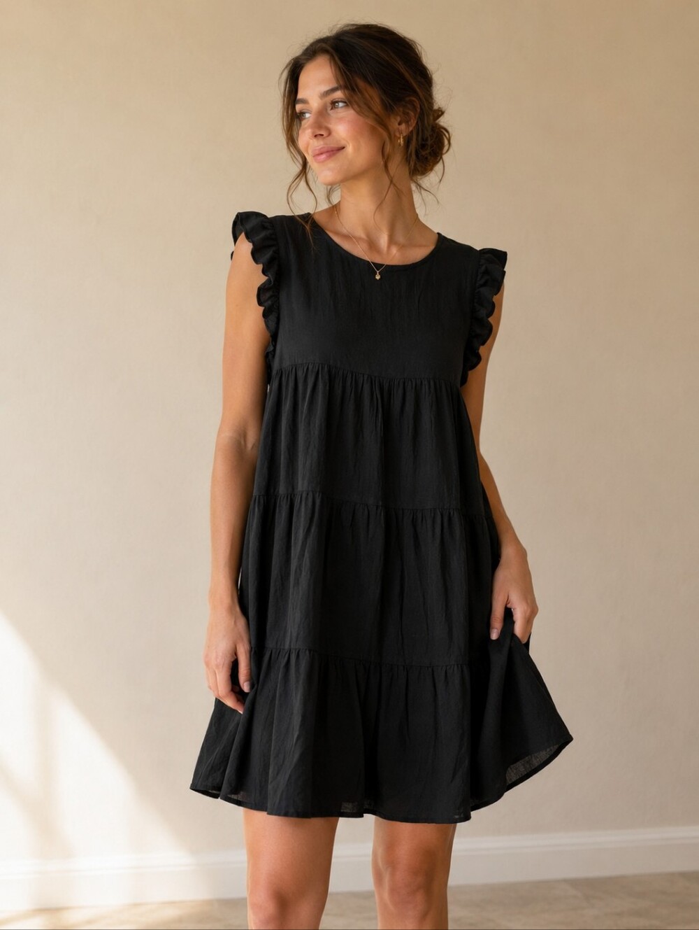 Black Ruffle-Sleeve Tiered Mini Dress - Women's Casual Summer Dress